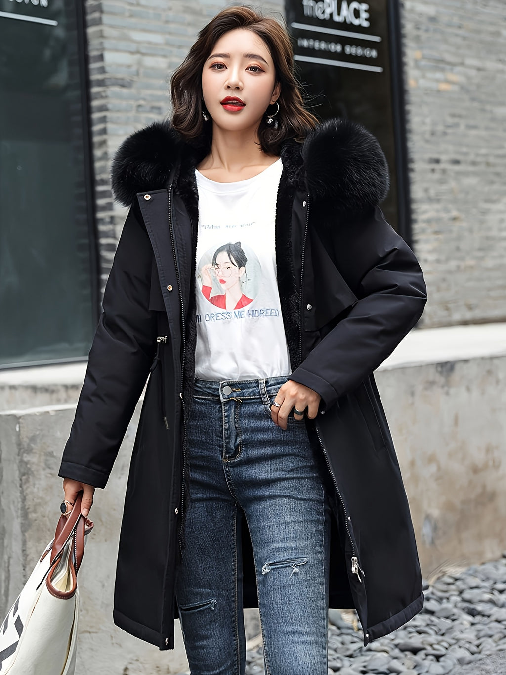 Winter New Mid-Length Fleece-Lined Vest Coat Trendy Women'S Coat Removable Collar - Black