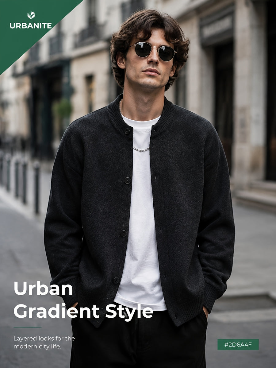 Daily Deal 1pc Men's Ombre Tie-Dye Knit Cardigan with Baseball Collar, Button-Front, Gradient Dye, Trendy Urban Street Style, Loose Fit Daily Sweater Outerwear for Spring & Fall - Black