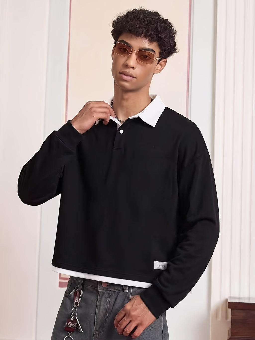 Men's 2-in-1 Look Short Polo Shirt, Contrast Color White Collar Hem Faux Layered Loose Vintage Street Style Long Sleeve Top - Black