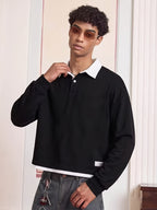 Men's 2-in-1 Look Short Polo Shirt, Contrast Color White Collar Hem Faux Layered Loose Vintage Street Style Long Sleeve Top - Black