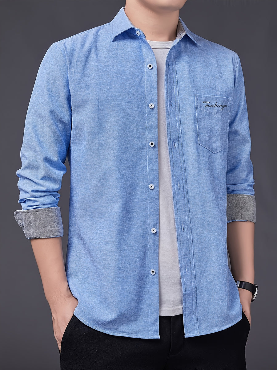Men's Oxford Cloth Long-Sleeve Shirt for Spring/Autumn, with Lapel Collar, Simple Pocket, and English Print Decoration. Features Contrast Color Cuffs and Collar Design. A Versatile Basic Shirt for Business Casual Wear, Available in Multiple Colors - Light Blue