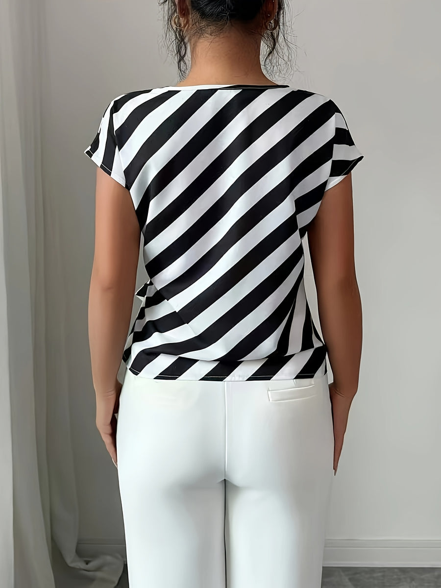 Women'S Elegant Commute High Neck Design Striped Print Vacation Casual Shirt - Black
