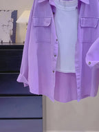 Women'S Purple Button-Front Shirt Collar Blouse, Long Sleeve Regular Fit Fabric Top, Suitable for Casual Wear - Purple