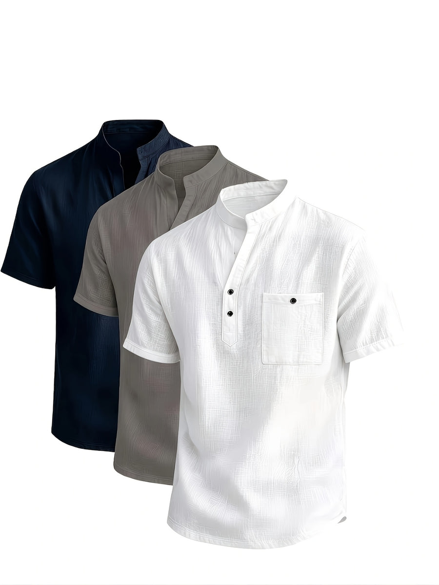 3pcs Set New Summer Men'S Casual Short Sleeve Shirts, Button-Up Cardigans, Suitable for Beach Travel Vacation Sports Outdoors, Machine Washable - White