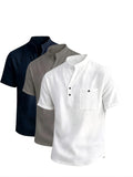3pcs Set New Summer Men'S Casual Short Sleeve Shirts, Button-Up Cardigans, Suitable for Beach Travel Vacation Sports Outdoors, Machine Washable - White