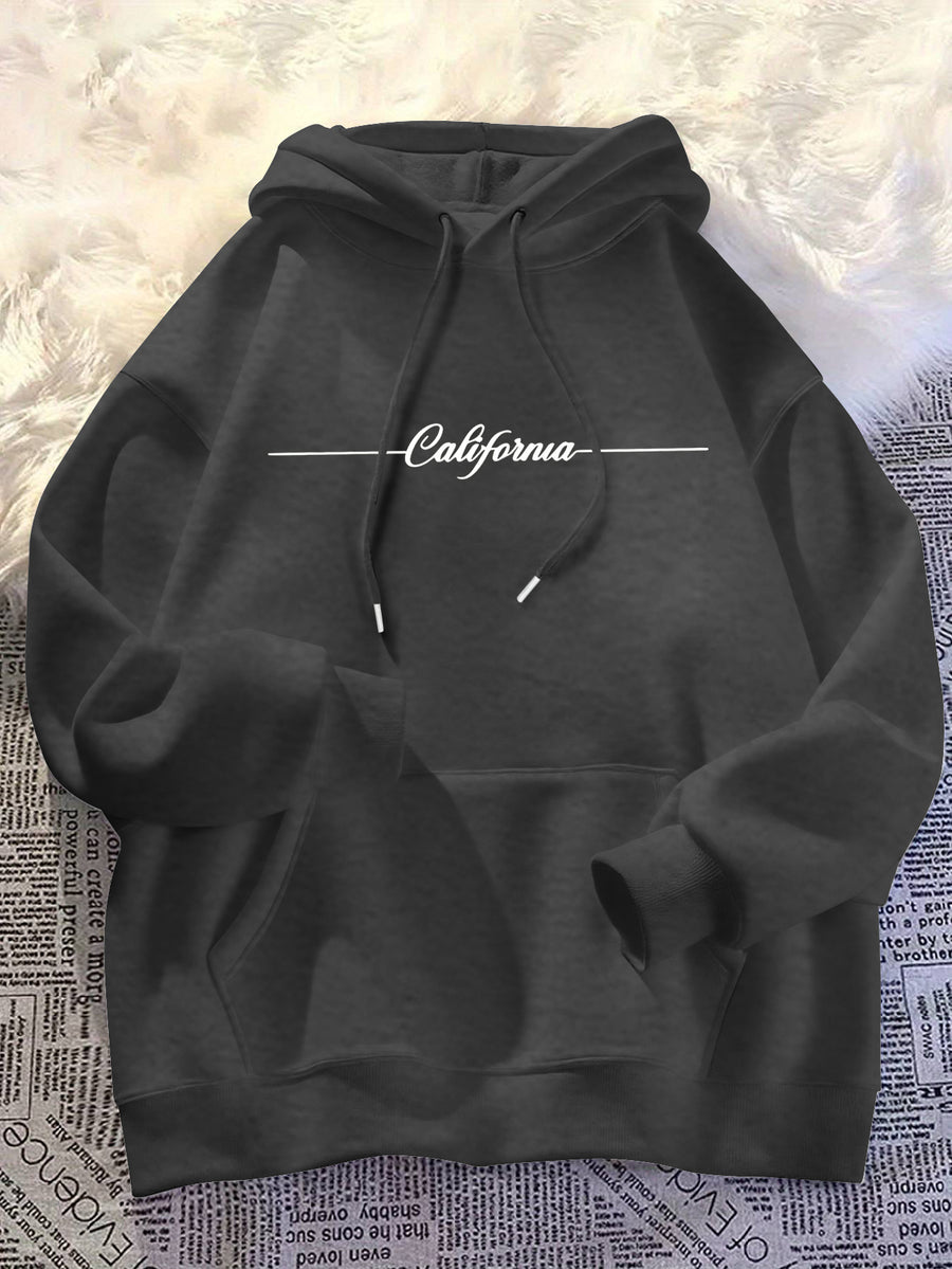 Men's Cursive Handwritten Horizontal Line Decorative Print Hooded Sweatshirt, Simple and Trendy Black Pullover Top for Men - Dark Gray