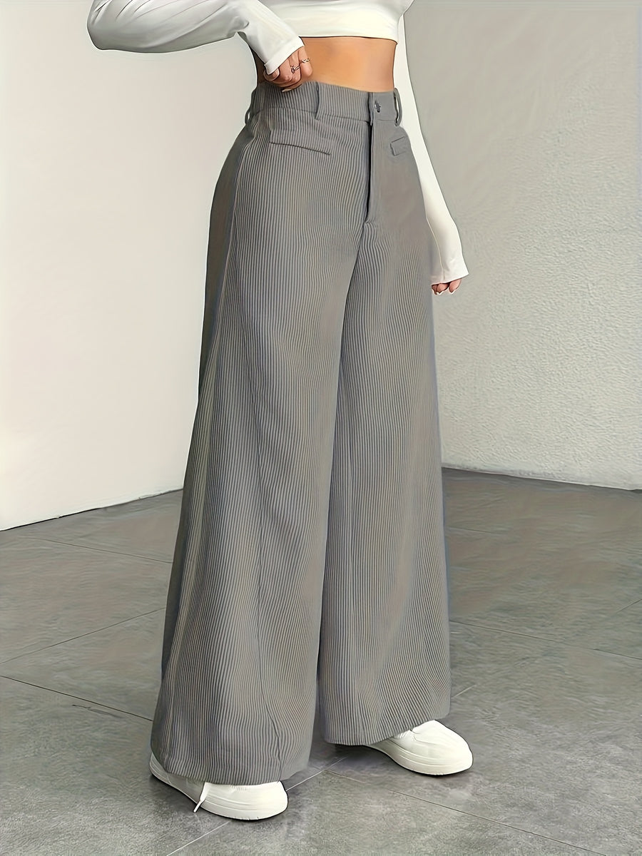 Women's High-Waisted Wide-Leg Corduroy Pants - Straight Leg Trousers with Corduroy Texture & Striped Suitable for All-Season Wear, Machine Washable Non-Stretch Corduroy Pants for Office, Casual, Everyday Outfits (No Transparency) - Grey