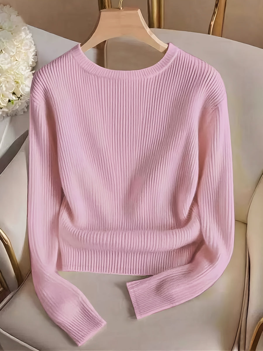 Women'S Fashion Slim Fit Crew Neck Fake Button Long Sleeve T-Shirt - Magenta
