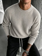 Men'S Autumn Winter Long Sleeve Round Neck Sweater, Versatile Basic Top, Casual Style for Daily Wear, Knit Pullover - Khaki
