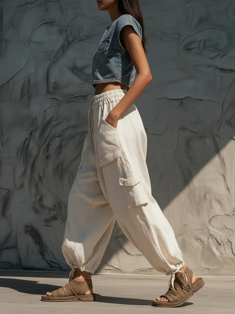 Women'S Summer Elastic Waist Drawstring Cargo Pants Long Trousers, Multi-Pocket Loose Casual Joggers Lantern Pants - Off-white
