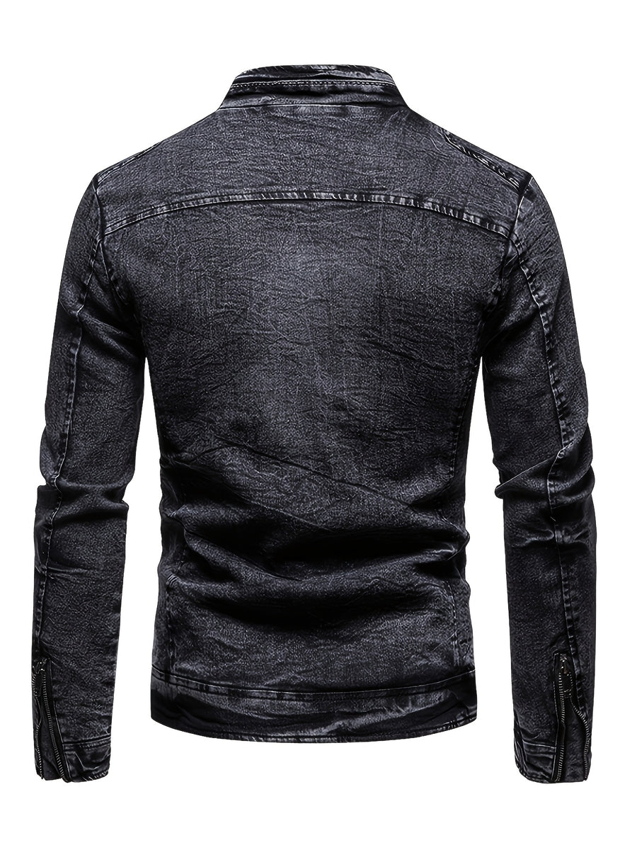 2026 New Style Motorcycle Jacket, Washed Tie-dye Denim Jacket, Men's Spring and Autumn Fashionable and Trendy, Versatile Korean Style Short Street Casual Motorcycle Denim Top - Black