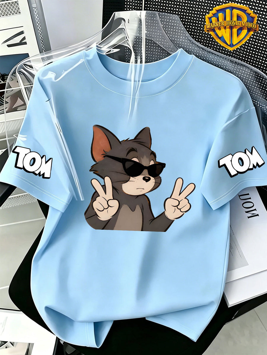 [Warner Bros] Officially Licensed Fun Cartoon Print Short Sleeve T-Shirt Trendy Anime Top, Men'S Casual Comfort Versatile Summer Short Sleeve T-Shirt - Light Blue