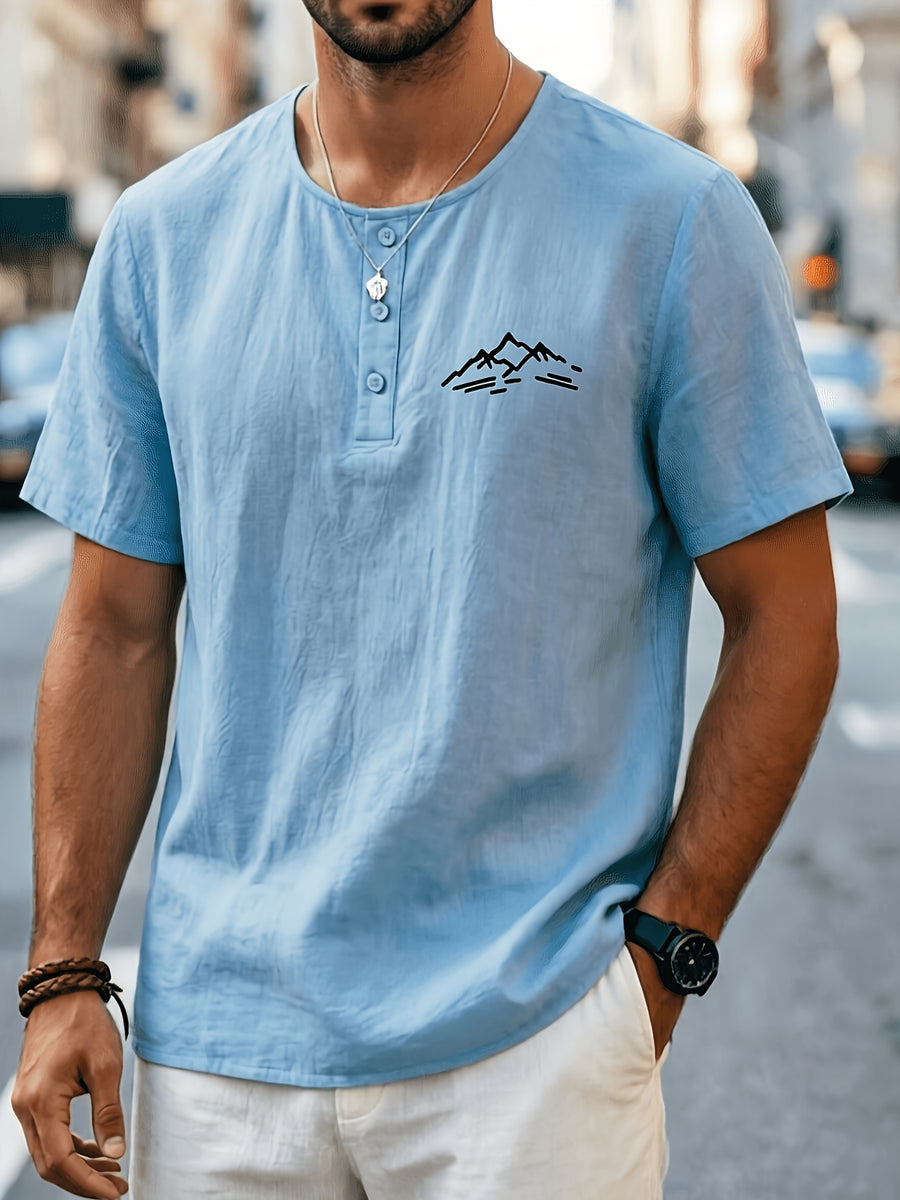 Men'S Summer -Linen Half-Zip Short Sleeve T-Shirt - Sky Blue
