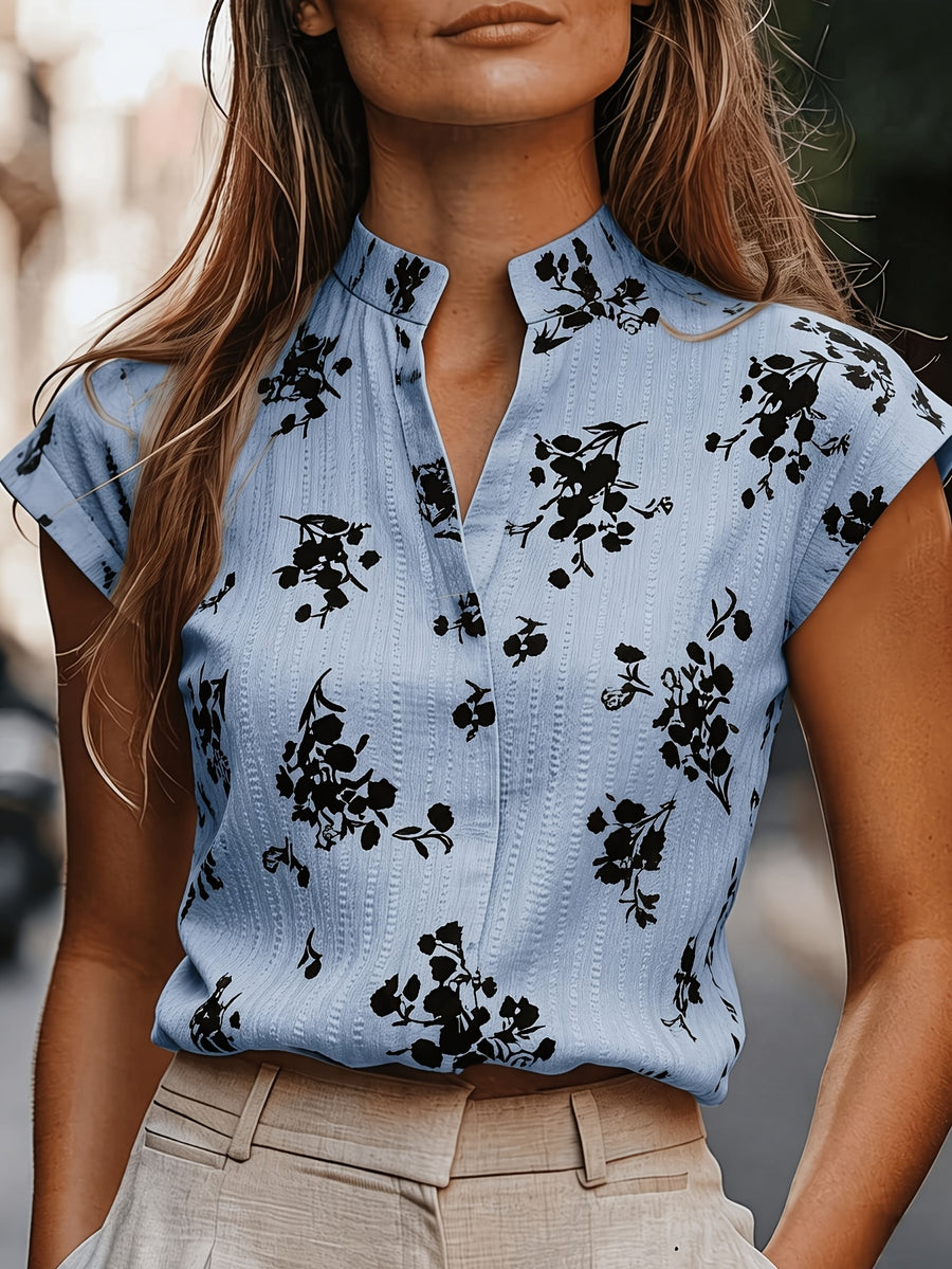 Women'S Elegant Fashion Floral Print V-Neck Commuter Shirt - Light Blue