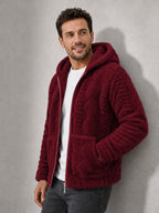 Men'S Plush Fleece Hooded Jacket, Full-Zip Long Sleeve Outerwear with Hand Pockets, Elastic Cuffs And Hem, Solid Color Textured Casual Jacket for Fall/Winter Daily Wear, Travel And Outdoor Activities - Burgundy