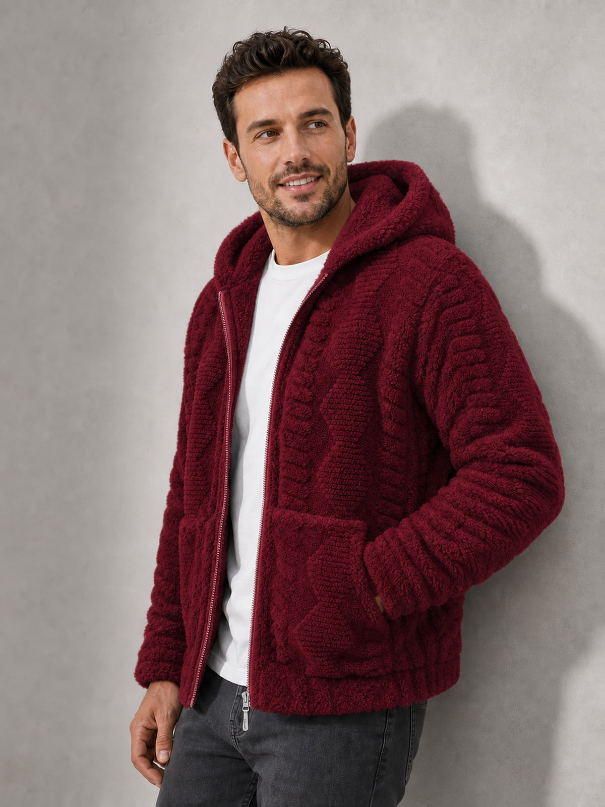 Men'S Plush Fleece Hooded Jacket, Full-Zip Long Sleeve Outerwear with Hand Pockets, Elastic Cuffs And Hem, Solid Color Textured Casual Jacket for Fall/Winter Daily Wear, Travel And Outdoor Activities - Burgundy