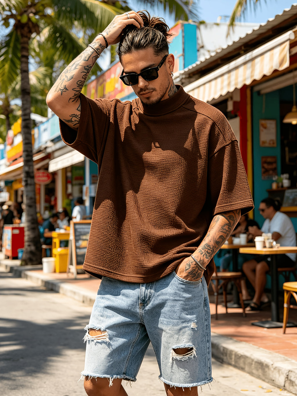 New Spring/Summer Men's Top, Fashionable Sporty Short Sleeve, Loose Fit Casual, Comfortable, Lightweight, Skin-Friendly, Trendy, Versatile, Refreshing, and Durable - Dark Brown