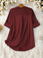 Elegant Women's Simple Casual Daily Short-Sleeve Solid Color Shirt, Spring/Summer Fashion Casual Outing Shirt, BK0608018 - Burgundy