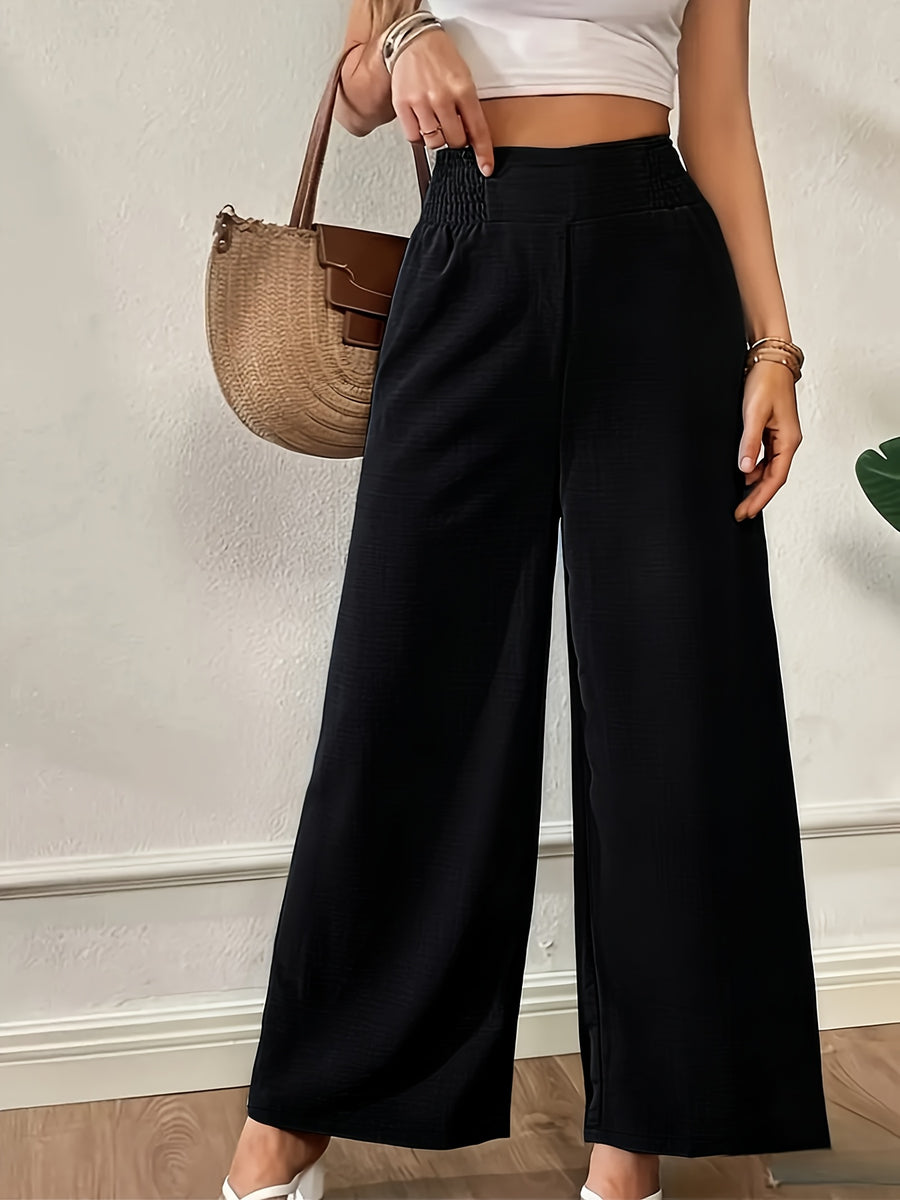 New Women'S High-Waist Wide-Leg Pants, Elastic Waist Straight-Leg Long Trousers, Elegant Wide-Leg Trousers Suitable for Casual And Formal Occasions, Office, And Semi-Formal Wear - Black