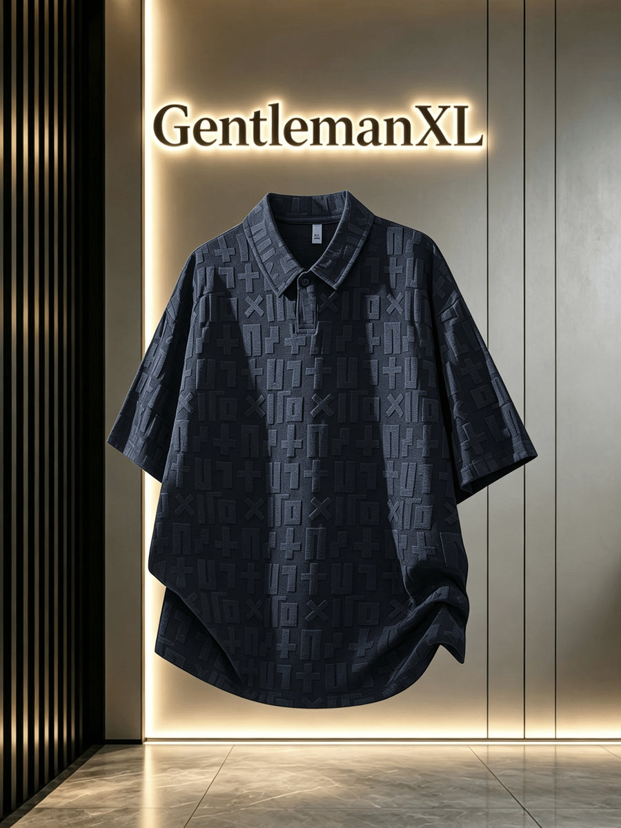 Men'S Summer Jacquard Textured Short Sleeve T-Shirt, Premium Casual Loose Top - Navy Color