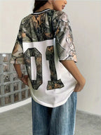 European And American Women'S Digital V-Neck Personalized Design Printed Sports T-Shirt Top - Mixed colors