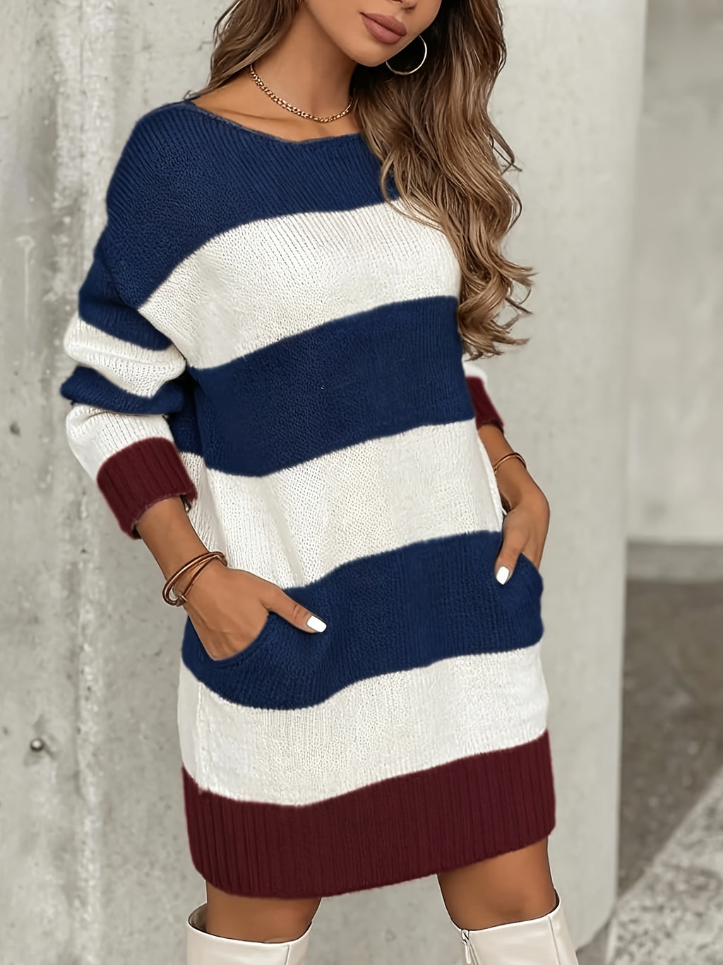Women'S Thick Winter Striped Sweater Dress - Light Grey/Brown/White Horizontal Striped Round Neck A-Line Midi Length Coat Dress (No Collar), Hand Washable -Like Fabric for Casual to Formal Events, Fall & Winter Outfits - ZJ1013014 - Navy Color