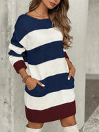 Women'S Thick Winter Striped Sweater Dress - Light Grey/Brown/White Horizontal Striped Round Neck A-Line Midi Length Coat Dress (No Collar), Hand Washable -Like Fabric for Casual to Formal Events, Fall & Winter Outfits - ZJ1013014 - Navy Color