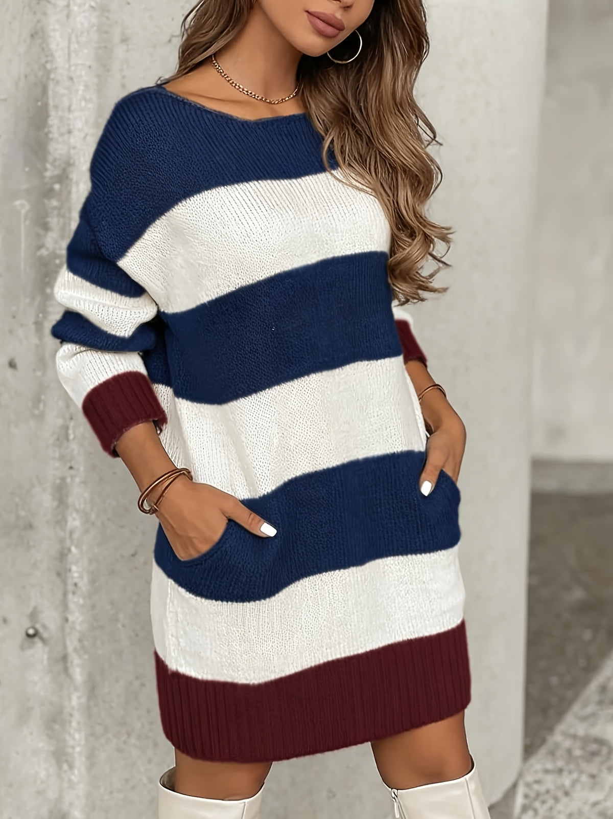 Women'S Thick Winter Striped Sweater Dress - Light Grey/Brown/White Horizontal Striped Round Neck A-Line Midi Length Coat Dress (No Collar), Hand Washable -Like Fabric for Casual to Formal Events, Fall & Winter Outfits - ZJ1013014 - Navy Color