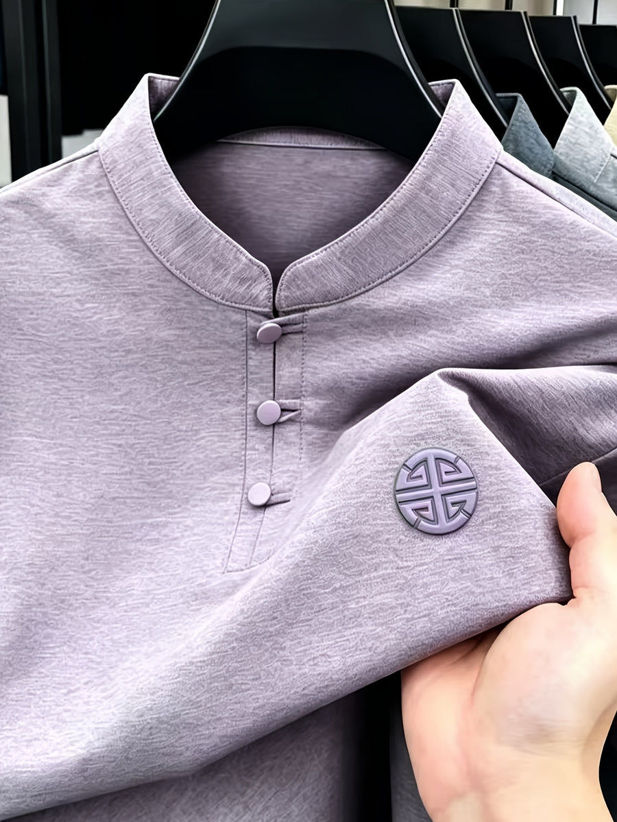 New Summer Chinese Hero Ancient Style Three-Button Access Control Short-Sleeve Men's T-Shirt, Stylish Casual Novelty Men's Top, Refreshing Quick-Drying, Durable and Skin-Friendly Apparel JC8912 - Fuchsia