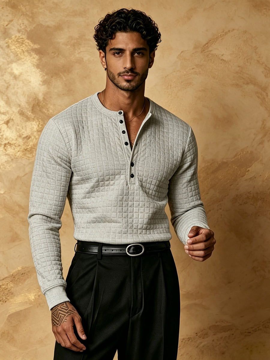 Early Autumn New Men'S Textured Plaid Patchwork Henley Long Sleeve Shirt, 7-Button Casual Collar Soft Long Sleeve T-Shirt, Mature And Atmospheric Regular Fit, Golf And City Outing Wear - Light Grey