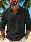 Men's Casual Shirt Outdoor Wear Easy And Comfortable V-neck Design Lapel Autumn Long-sleeved Commuting Men's Top - Black