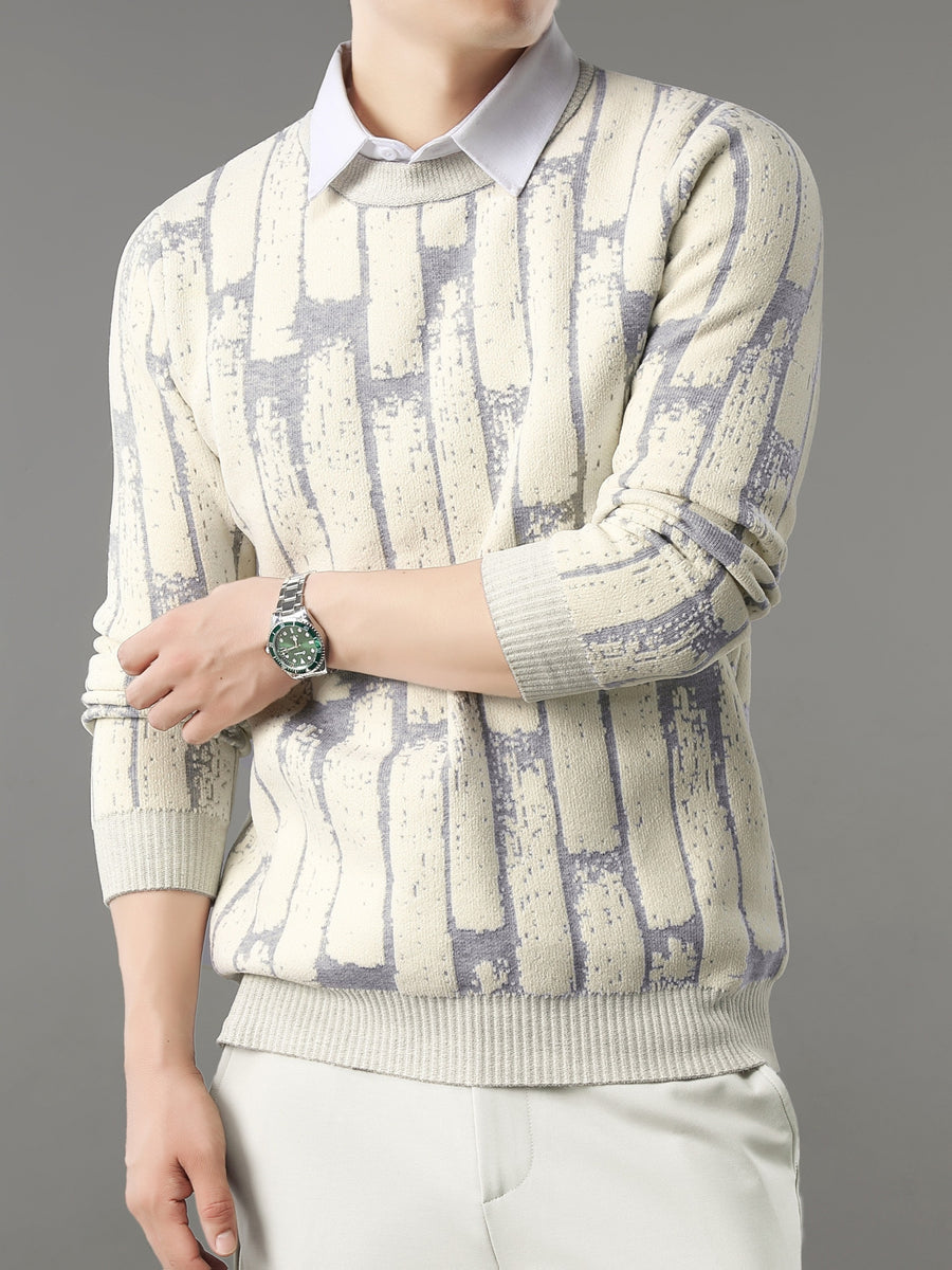 New High-End Men's Crew Neck Thickened Trendy Fashion Men's Autumn/Winter Warm Casual Base Layer Knit Sweater Valentine's Day Gift - Off-white