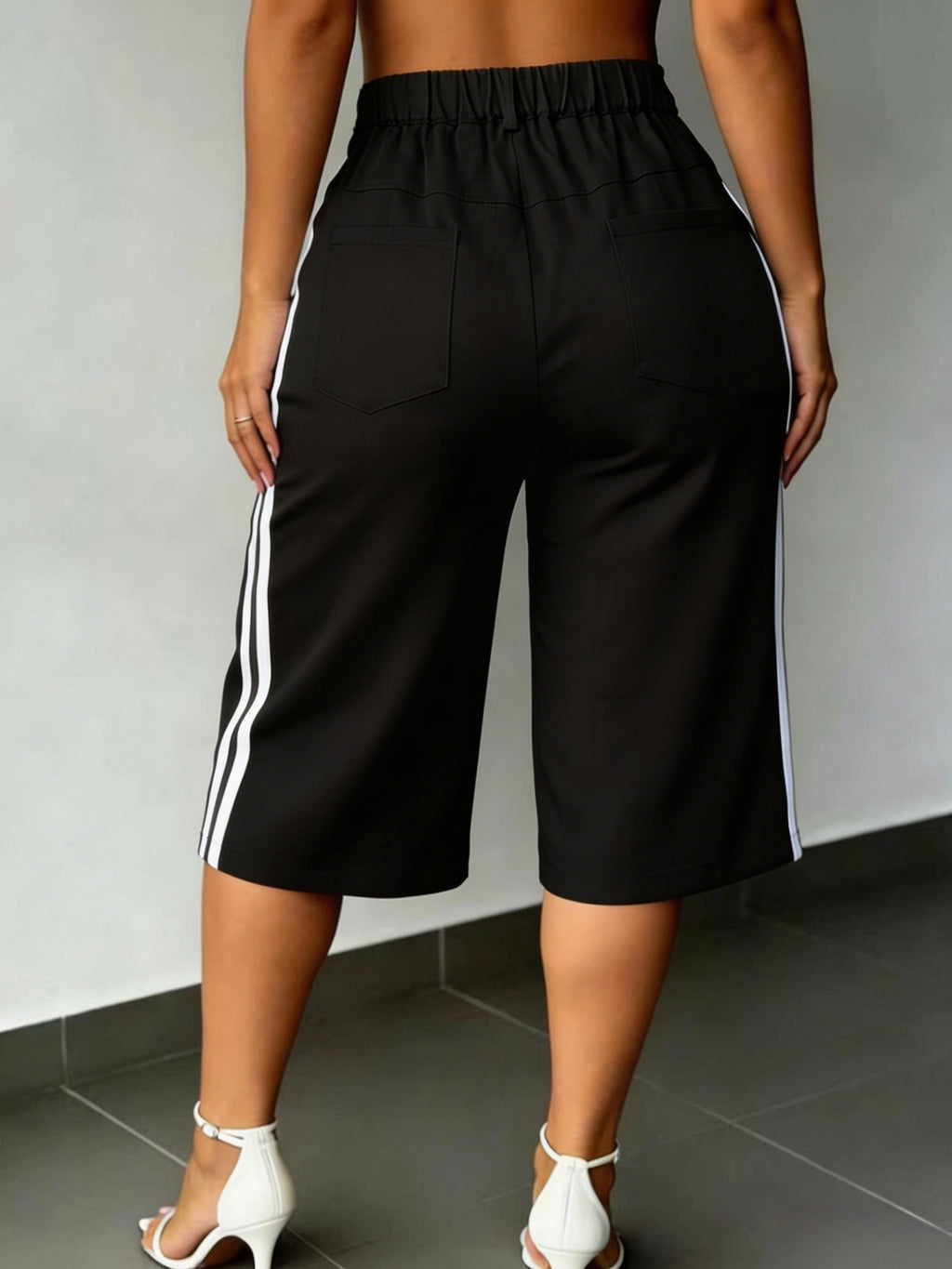 New Summer Fashion Side Contrast Color Patchwork Casual Capri Pants - Black