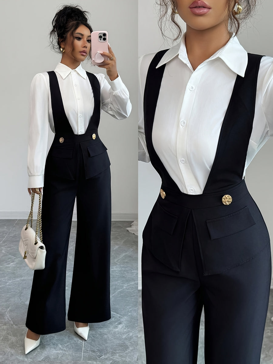 ASD1 Women'S Black Deep V-Neck Jumpsuit with Decorative Waist Buckle, Front Panel Stitching Design, Elegant And Exquisite Teacher'S Outfit - Black