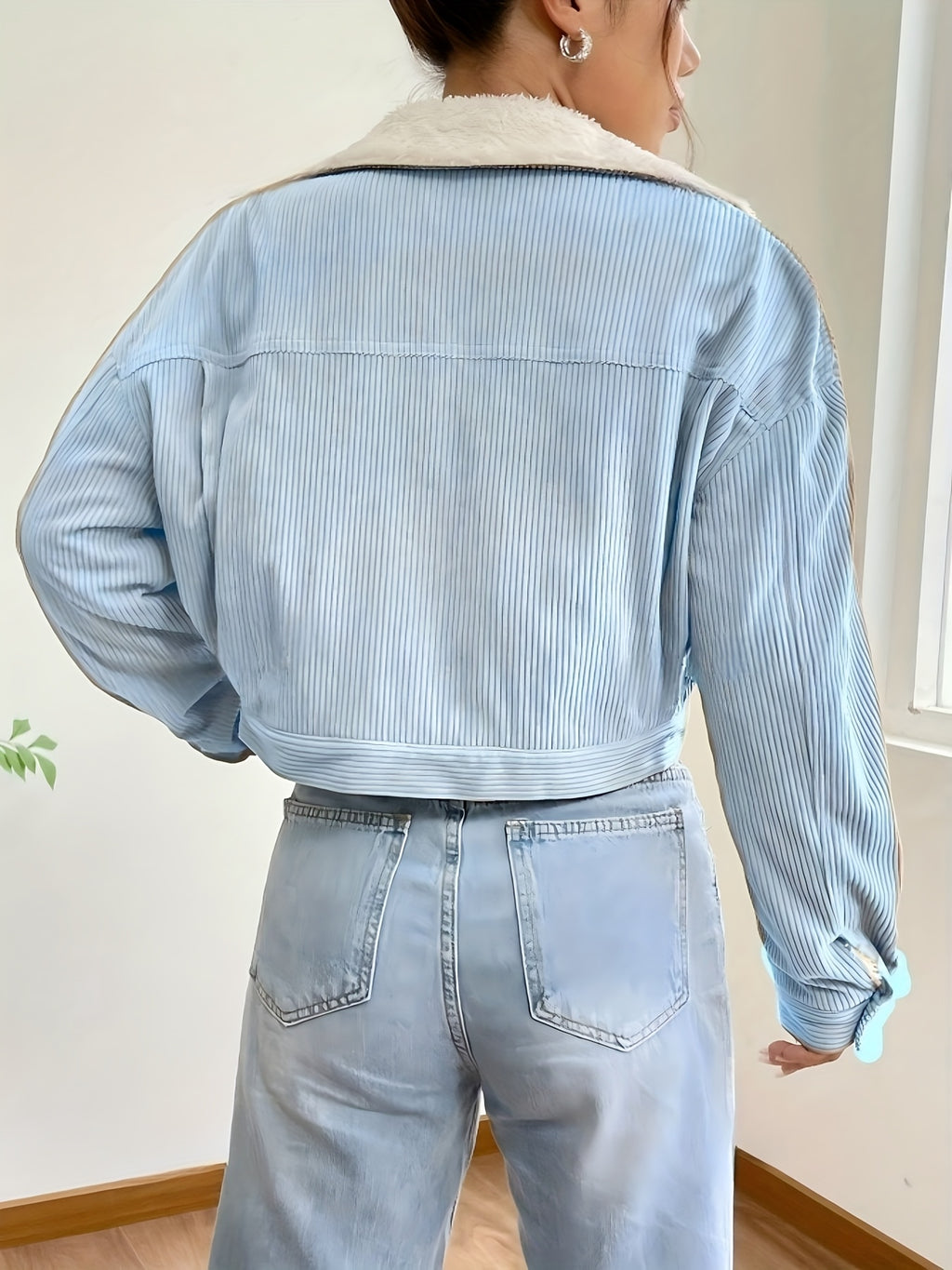 Women'S Short Corduroy And Lamb Jacket for Autumn And Winter, Featuring a Fleece Collar, Versatile Korean-Style Warm Top - Light Blue