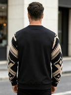 Men'S Autumn Winter Round Neck Plush Sweatshirt, Fashionable Retro Color-Block Plush Patchwork Pattern And Solid Color Design, Wrinkle-Resistant Soft Knit Material, Very Practical. Suitable for Students' Daily Wear on Campus, Outings, Dates - Black