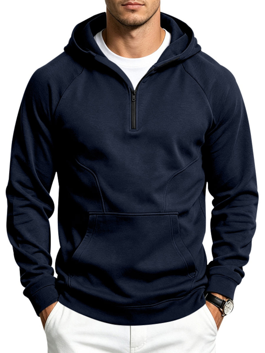 Men'S Spliced Half-Zip Pullover Hoodie, Loose Long Sleeve Sweatshirt, Outdoor Fitness Sports Casual Top for Autumn Winter - Navy Blue