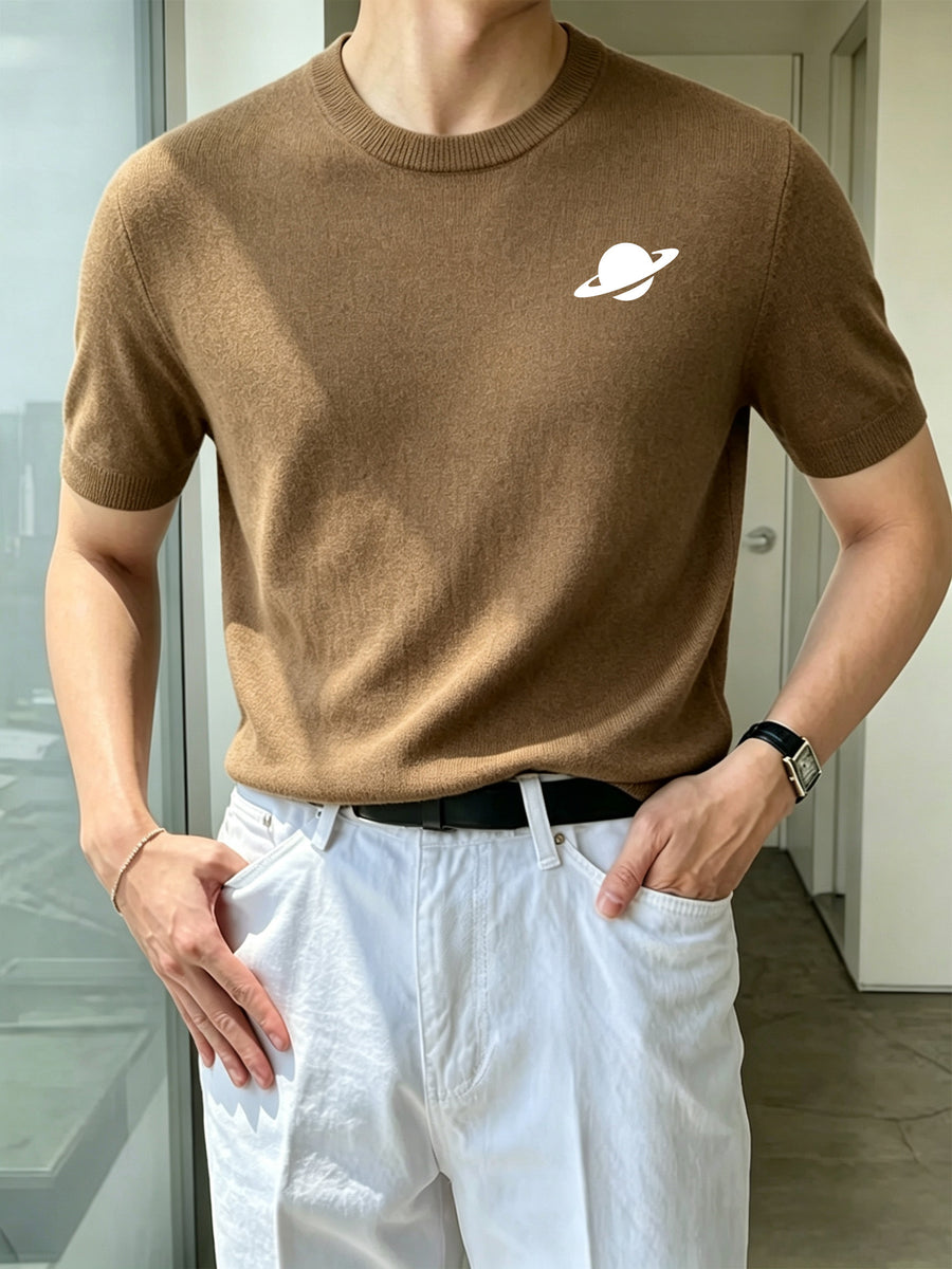 Men'S Round Neck Short Sleeve Knit Sweater Planet Easy Casual Base Layer Top - 【Brown】