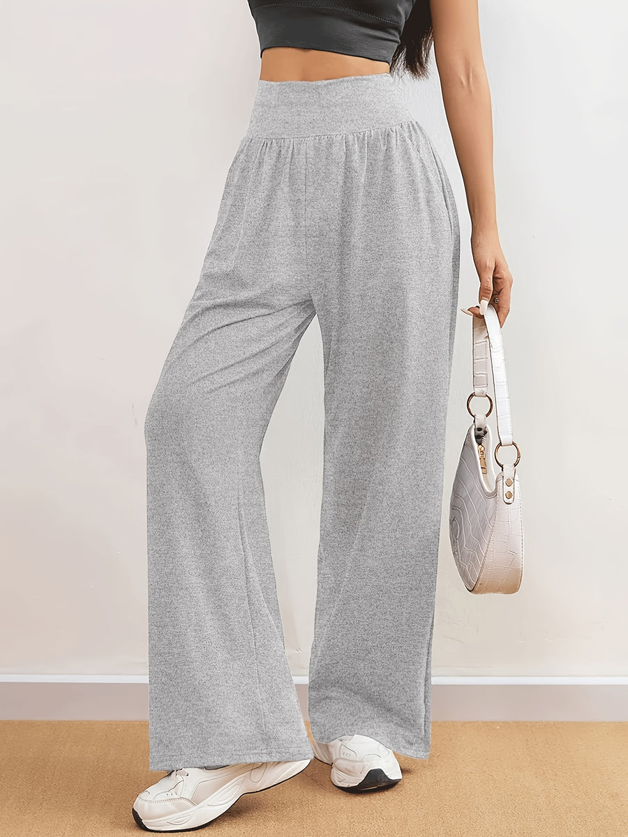 5801 Women's High-Waist Stretchy Loose-Fit Straight-Leg Pants | Solid Color, with Pocket Details, Casual Style, Suitable for All Seasons and Weekend Outings - Light Grey