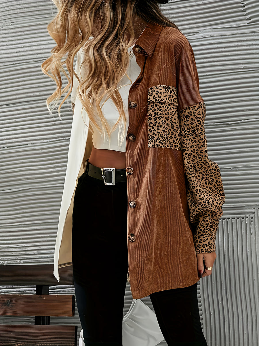 Autumn And Winter Leopard Print Corduroy Jacket, Mid-Length Long-Sleeved Jacket for Women - Mixed colors