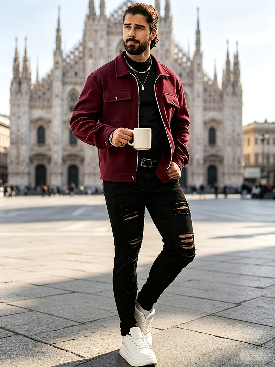 Men's Lapel Workwear Blend Jacket with Metal Zipper Pocket Accents, Casual Vintage Cropped Top - Burgundy