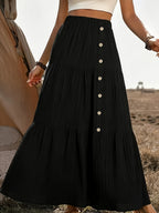 Textured Button Decor Elastic Waist Long Midi Skirt, Women'S Elegant Vacation Casual Skirt for Country Music Festival - Black