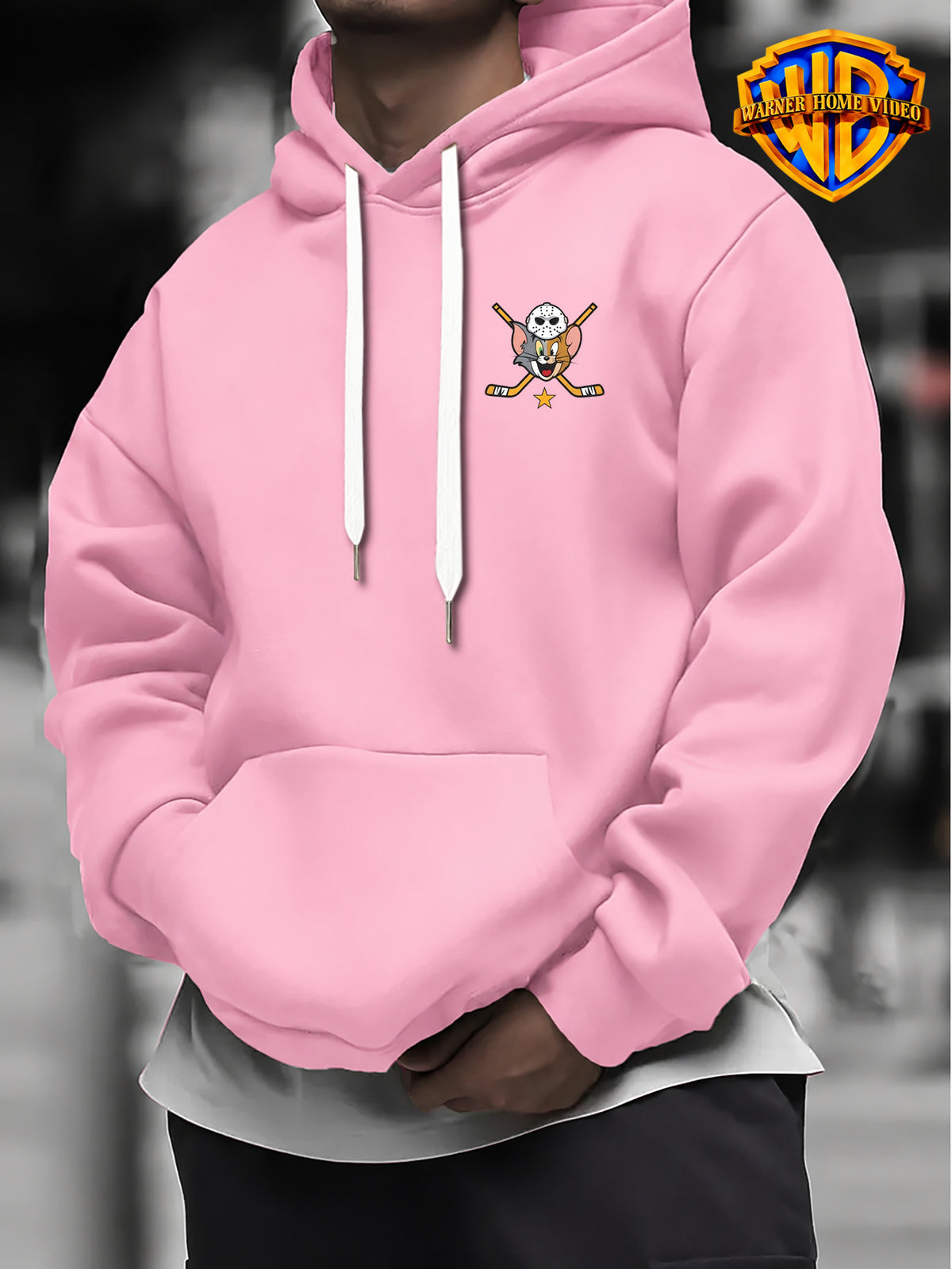 [Officially Licensed by Warner Bros] 1pc, American Retro League Badge Cartoon Character Creative Casual Hoodie - Men'S Fashion Sweatshirt with Double-Sided Print, Adjustable Drawstring Loose Comfortable Hoodie, Suitable for Daily And Outdoor Wear - Pink Color