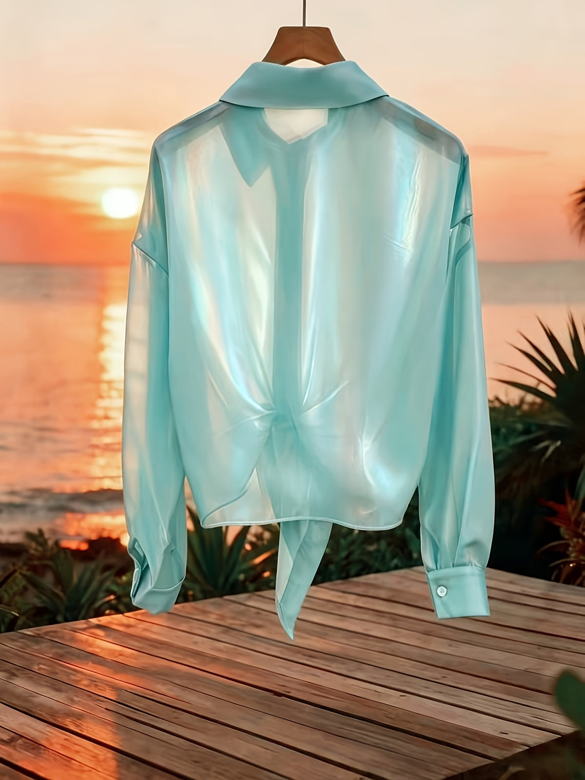 Premium Iridescent Elegant Sheer Chiffon Tie-String Casual Vacation Beautiful Blouse (Women'S Style) - Mint Green