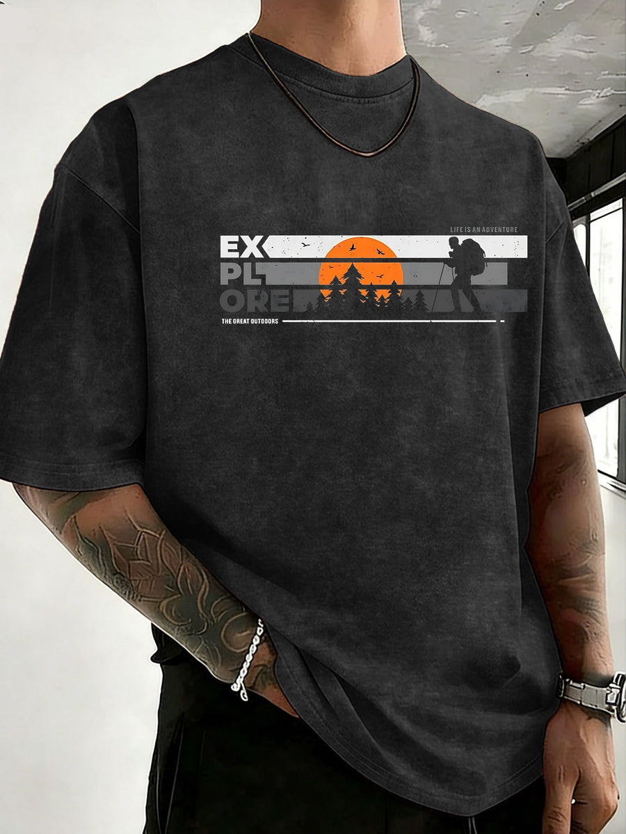 Short Sleeve T-Shirt Men'S Heavy Washed Distressed Loose Top Trendy Reversible Double-Sided Print Overbearing Flame Tiger Head Dark Trendy Print 12 Colors Random Match High Street Hip-Hop Style Daily Commute Fitness Couple Style Street Style Nationa - Black