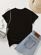 Sunflower Pattern Print - with Bow Design - Casual Round Neck, Short Sleeve, Spring/summer Fashion T-shirt - Black