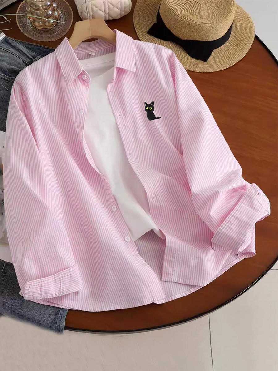 Trendy Men's Fashion Spring/Autumn New Arrival Simple Check Embroidered Print Long Sleeve Thin Stripe Casual Relaxed Outerwear Shirt - Pink