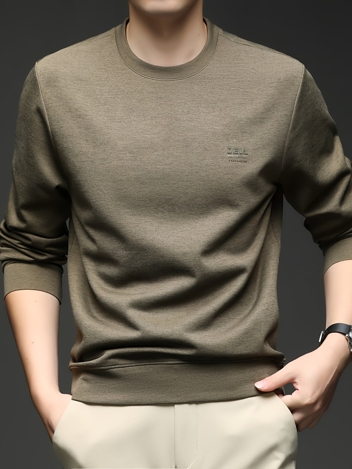 [Saa Xing OBM] 1pc Spring/Autumn New Men'S Sweatshirt, Solid Color Round Neck Long Sleeve Men'S Business Casual Fashion Breathable All-Match Pullover Base Layer Top, Suitable for Spring And Autumn, Single Wear Or Inner Layer, Fits Daily And Casual - Mocha