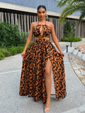 Summer All-over Print Backless Side Slit Maxi Dress - Mixed colors