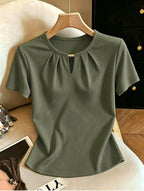 Women'S Summer Sexy Fitted Round Neck Metallic Embellished Hollow-Out Elegant Vacation Travel Short Sleeve T-Shirt - Green